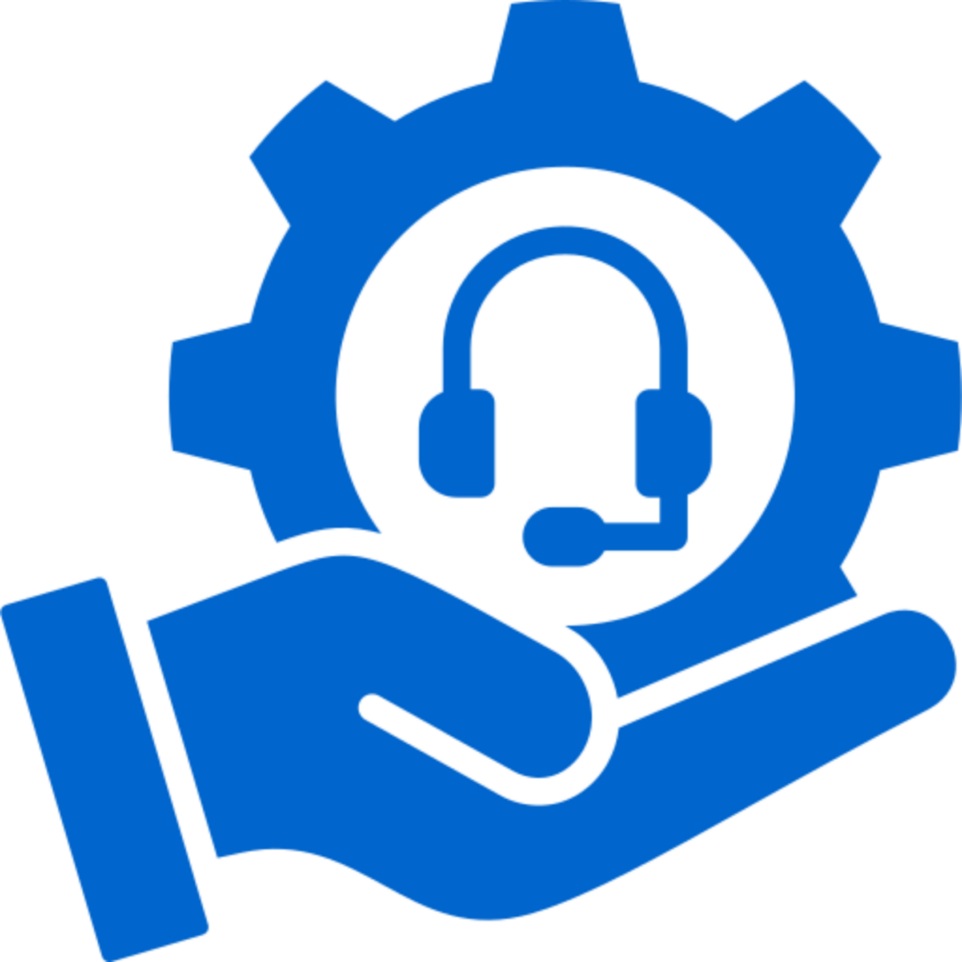 Blue icon of a hand holding a gear with a headset symbol inside.